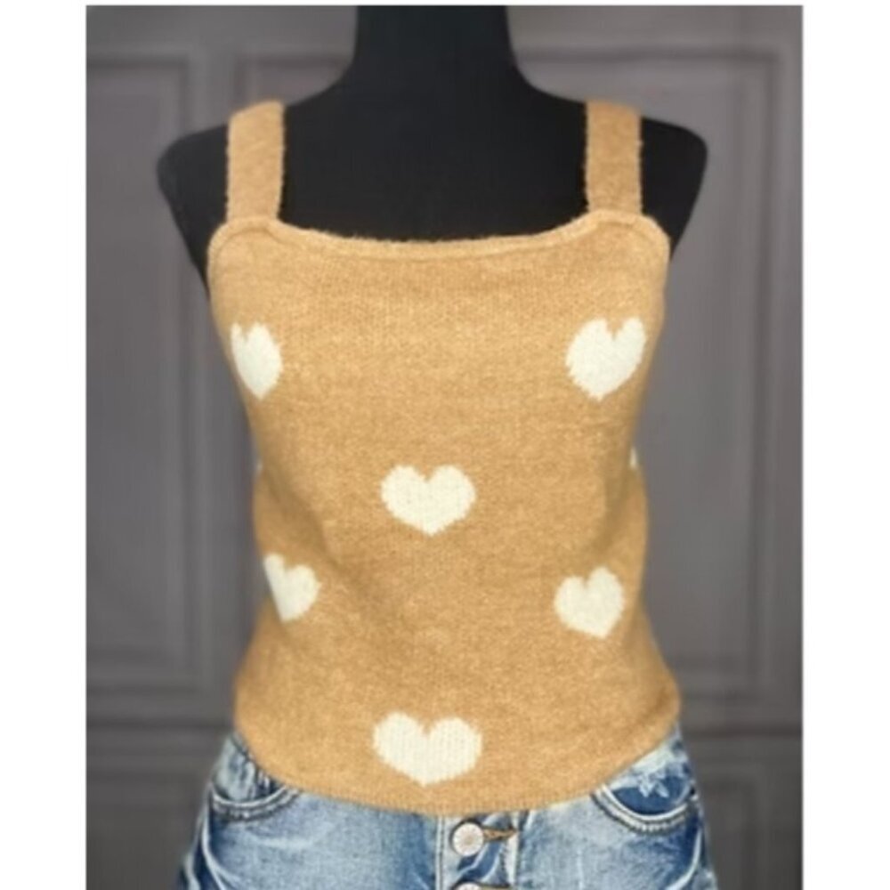 Women's Knit Lush Tan Heart Sweater Tank Top Soft Cream Beige Sz - Picture 6 of 6